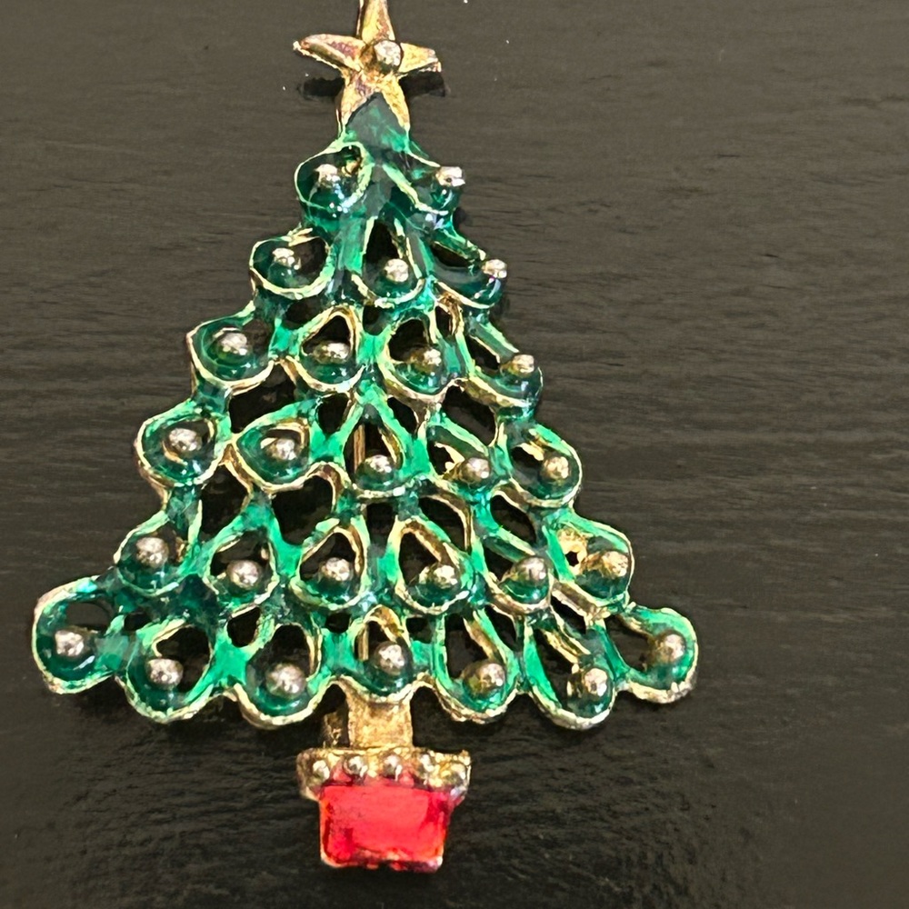 Vintage Green Enamel Christmas Tree Brooch with Gold Tone Trim, Red Pot and Star